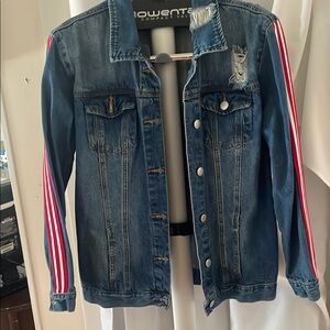 Denim Jacket with Red and White Striped Sleeves